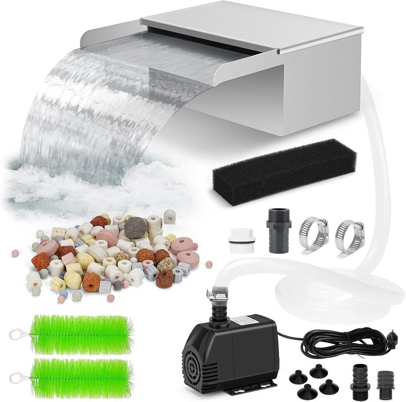 Anyprime Pond Waterfall Spillway with Filter and Pump Kit - 304 Stainless Steel Ponds Waterfall Box,800 GPH Pump,9.8FT Oxford Hose,Garden Water Features - Image 1